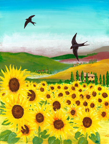 Swallows over Sunflowers